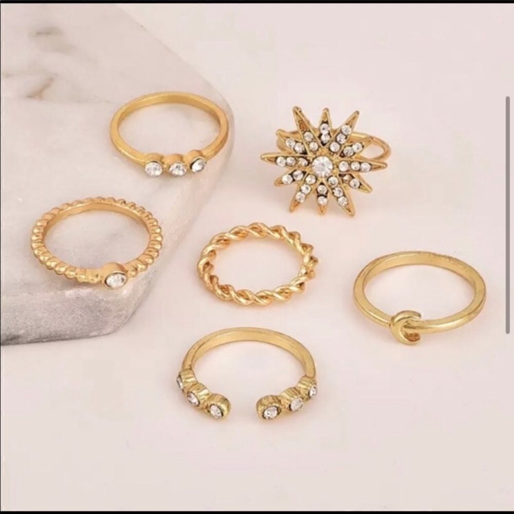 6 Piece Gold Rhinestone Boho Stackable Ring - Picture 2 of 3